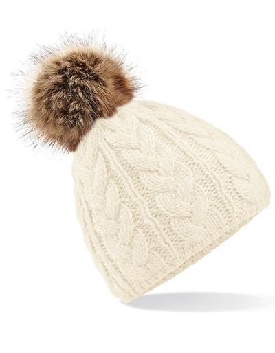 Faux Fur Pop Pom Cable Beanie