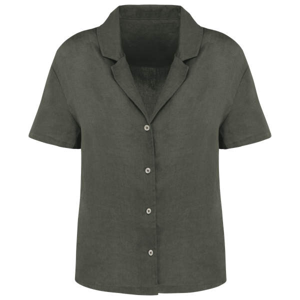 Chemise à col bowling manches courtes en lin femme Organic Khaki Spasso