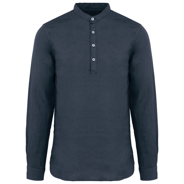 Chemise à col Mao délavée  en lin homme Washed Navy Blue Spasso