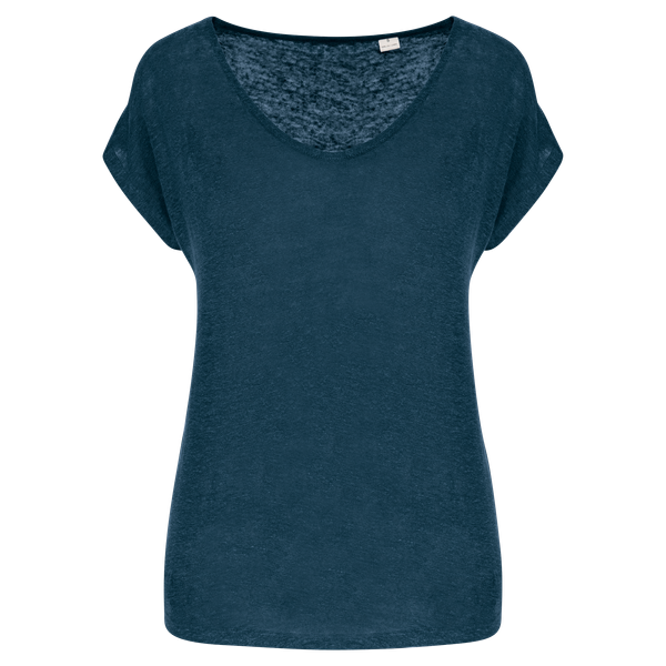 T-shirt col V en lin femme Peacock Blue Spasso