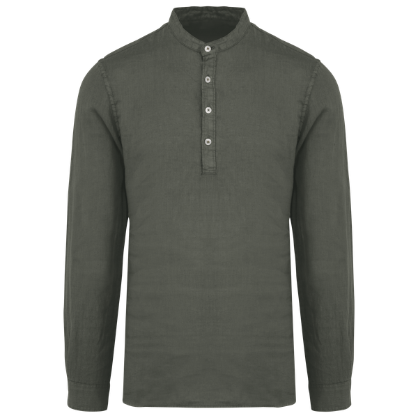 Chemise à col Mao délavée  en lin homme Washed Organic Khaki Spasso