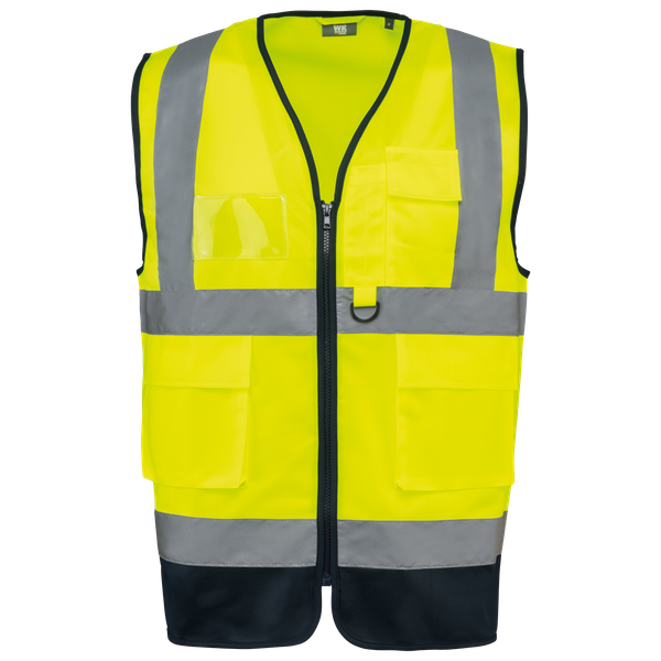 Gilet de sécurité haute visibilité recyclé avec zip unisexe Hi Viz Yellow / Navy WK. Designed To Work