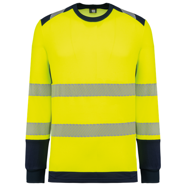 T-shirt de sécurité recyclé col rond manches longues unisexe Hi Viz Yellow / Navy WK. Designed To Work