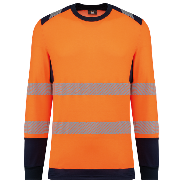 T-shirt de sécurité recyclé col rond manches longues unisexe Hi Viz Orange / Navy WK. Designed To Work
