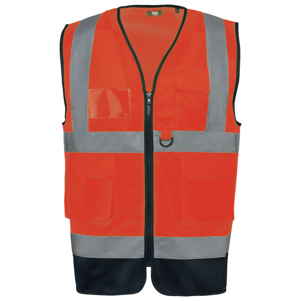 Gilet de sécurité haute visibilité recyclé avec zip unisexe Hi Viz Orange / Navy WK. Designed To Work