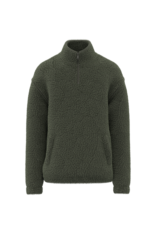 Sweat-shirt 1/4 zip à épaules tombantes en sherpa unisexe Forest Khaki Spasso