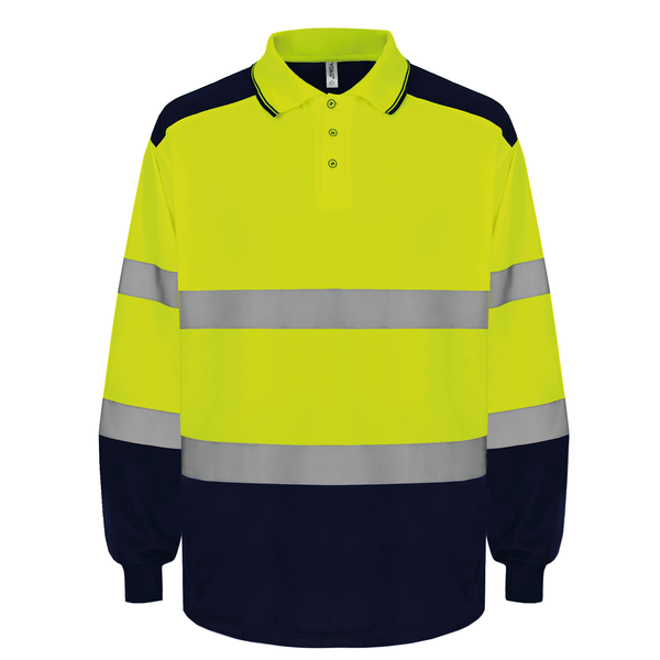 Polo bicolore manches longues haute visibilité Hi Vis Yellow / Navy Yoko