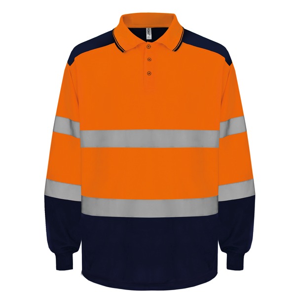 Polo bicolore manches longues haute visibilité Hi Vis Orange / Navy Yoko
